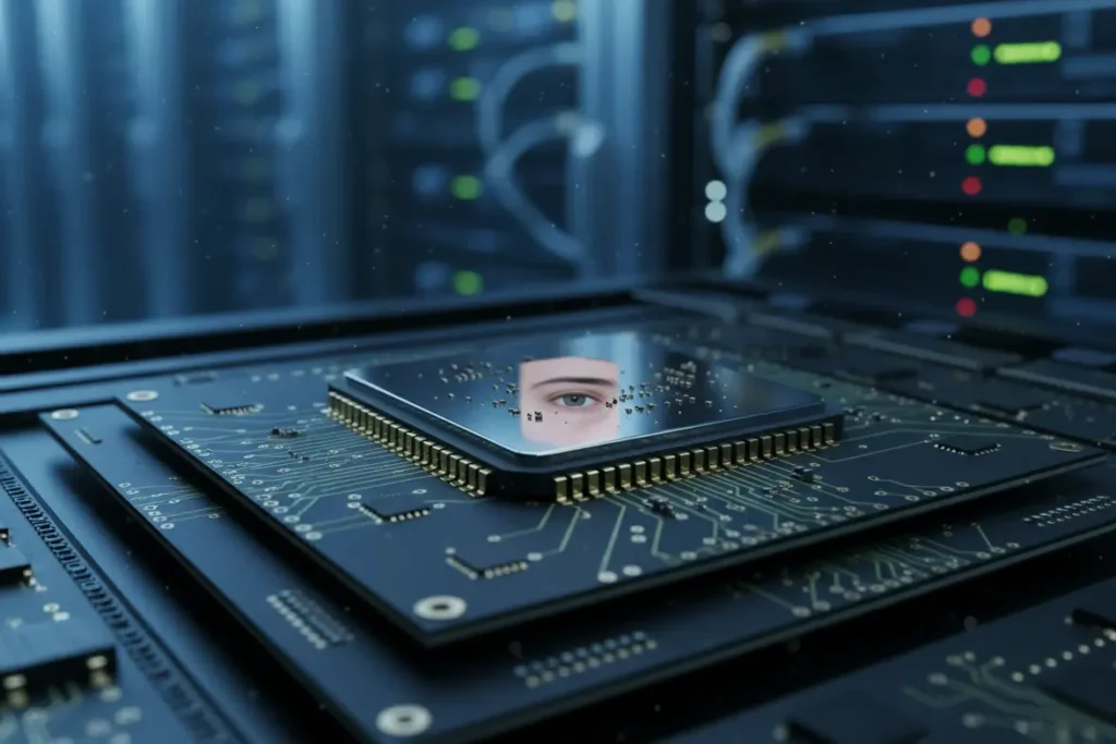 Chip de IA refletindo a luz e o futuro da consciência.