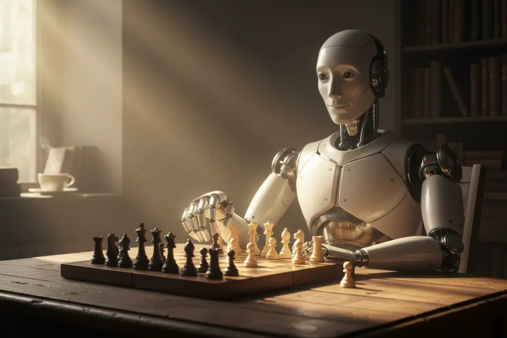 Robô pensativo diante de tabuleiro de xadrez com dilemas.