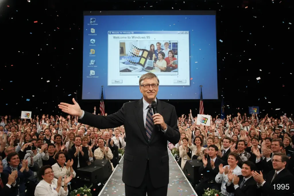 Bill Gates e Microsoft - A Jornada que Mudou o Mundo da Tecnologia! 2 Bill Gates apresentando o sistema operacional Windows.