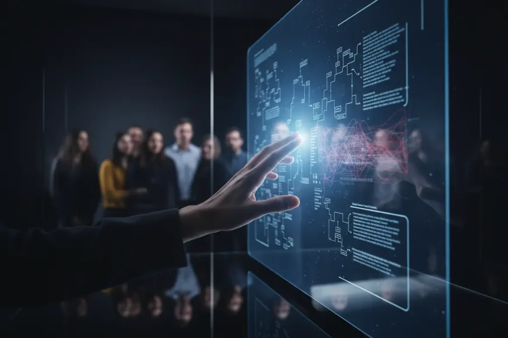 Pessoas discutindo dilemas éticos, vieses algorítmicos e responsabilidade na IA.