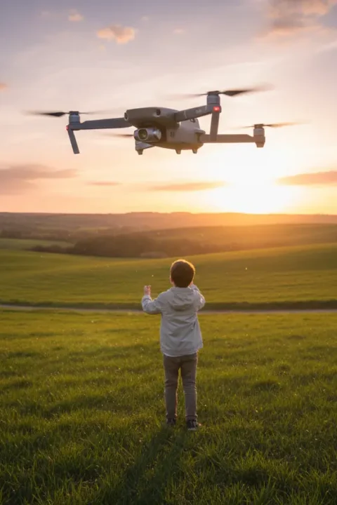 drone voando por do sol