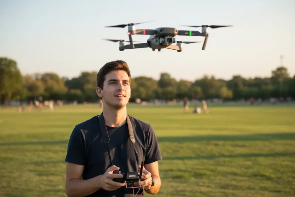 Drones para Iniciantes - Seu Guia Completo para Decolar no Mundo Aéreo! 2 Jovem pilotando drone pela primeira vez com segurança