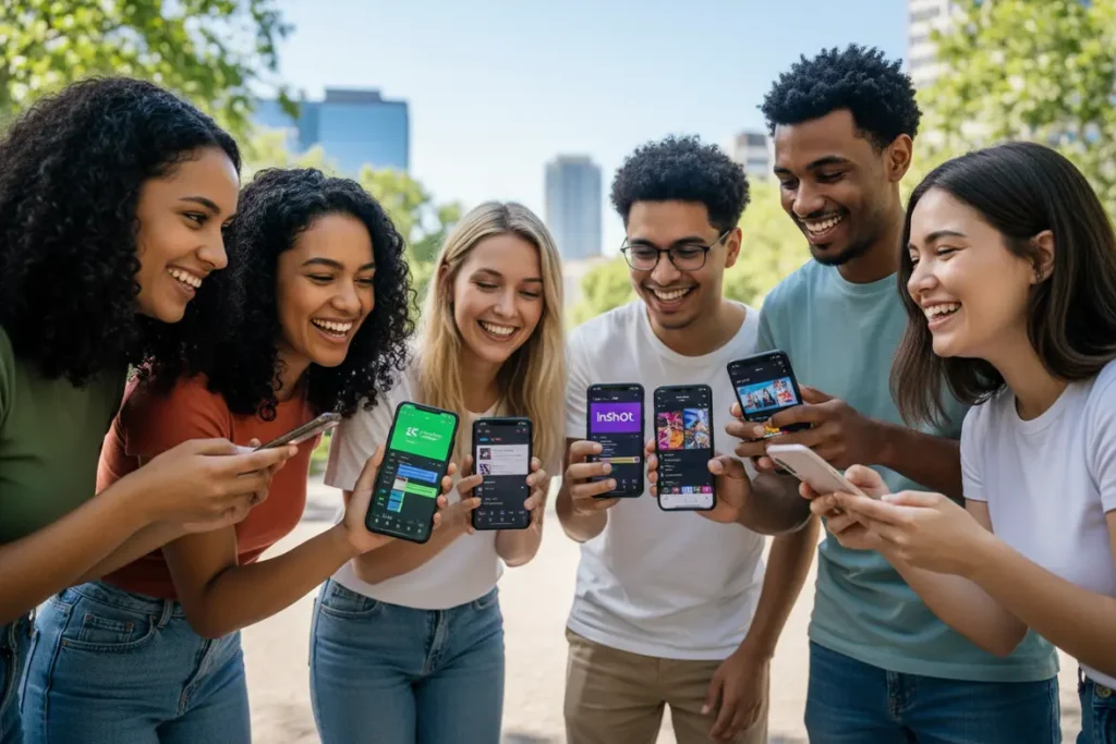 Jovens usando editores de vídeo gratuitos no celular