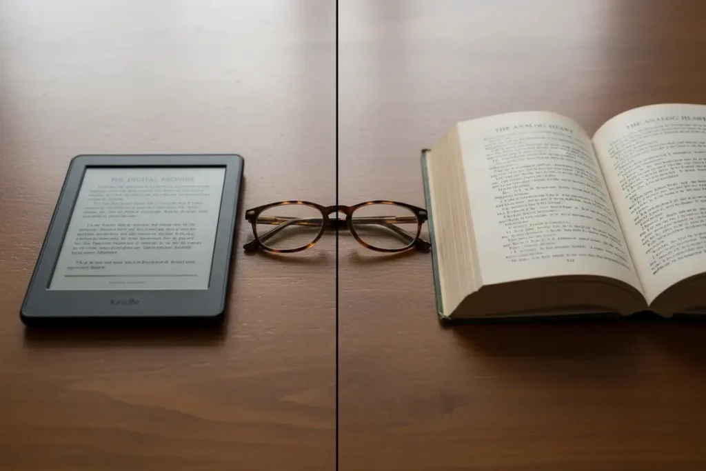Comparação direta entre a tela do Kindle e um livro físico.