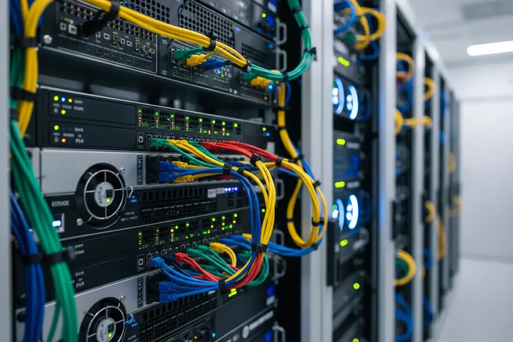 Funcionamento da nuvem, data centers e servidores remotos.