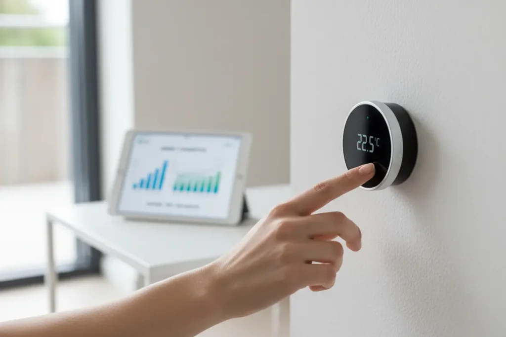 Casa Inteligente para Iniciantes! Seu Guia Completo Agora 1 Termostato inteligente exibindo a economia de energia da casa