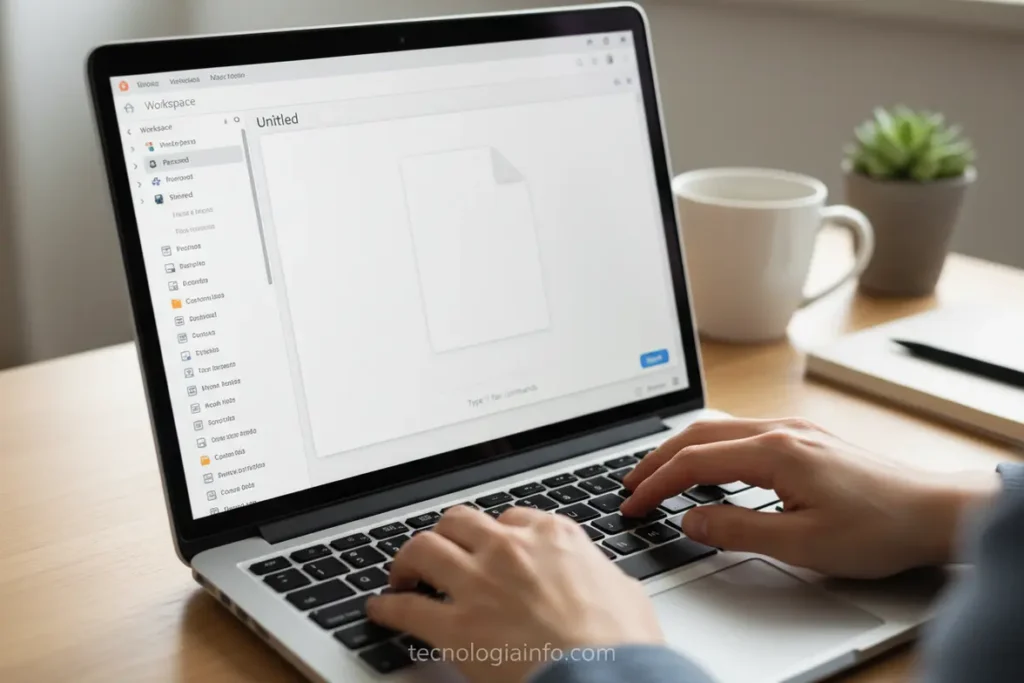 Notion para Iniciantes! Organize sua vida e projetos sem complicação! 1 Interface inicial do Notion mostrando uma página em branco e a barra lateral.