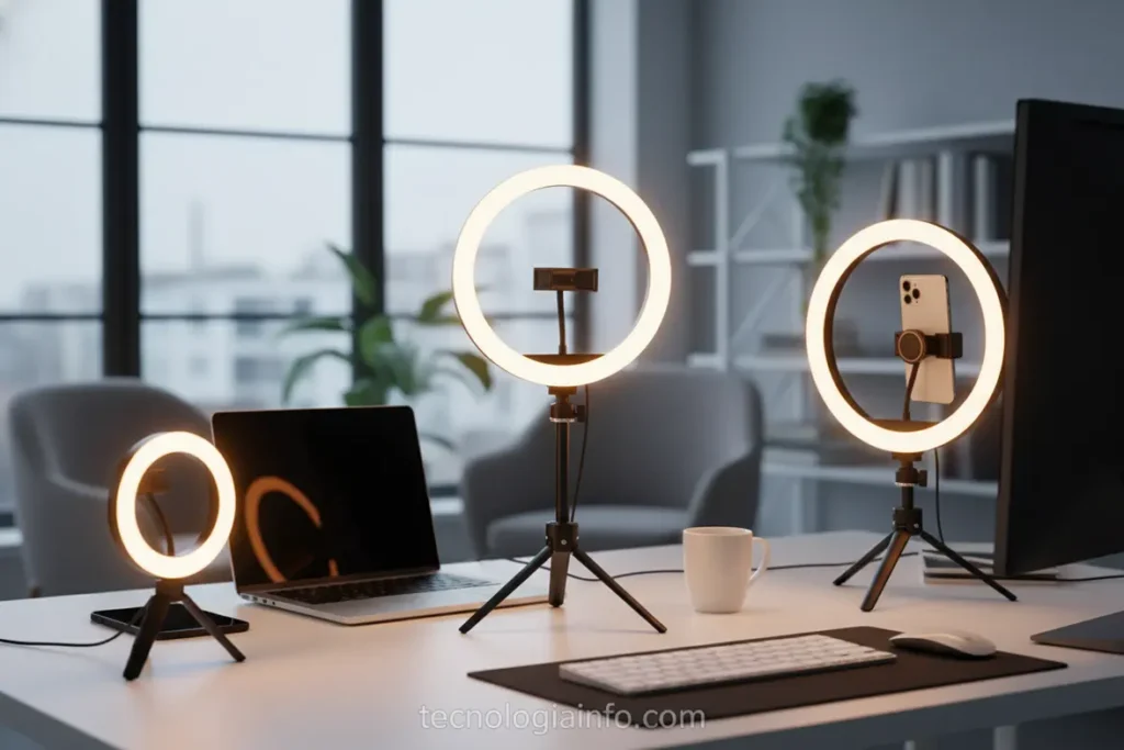 Tipos de ring light de mesa, tripé e celular.