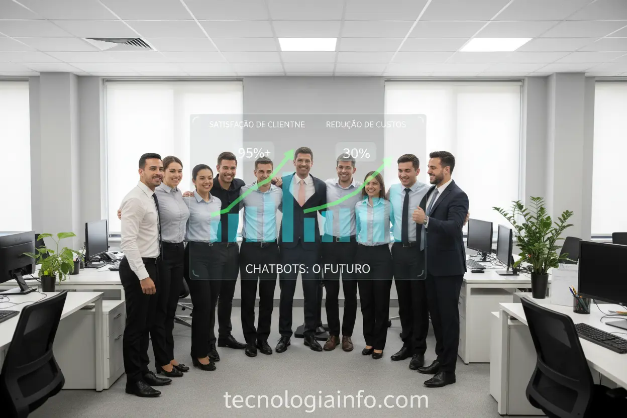 Benefícios dos Chatbots para Negócios Equipe de negócios feliz com métricas de sucesso de chatbot.