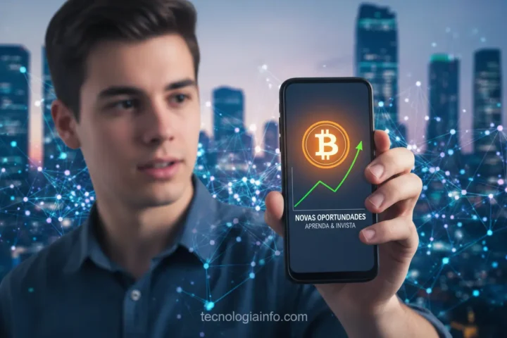 Jovem aprendendo sobre Bitcoin para iniciantes em smartphone.