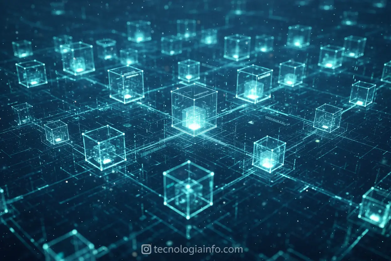 Rede de blocos digitais representando a tecnologia blockchain.