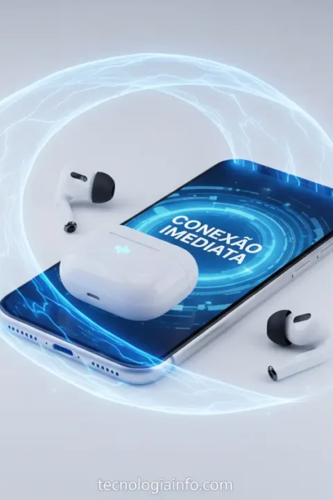 Ondas azuis conectando celular e fones de ouvido sem fio.