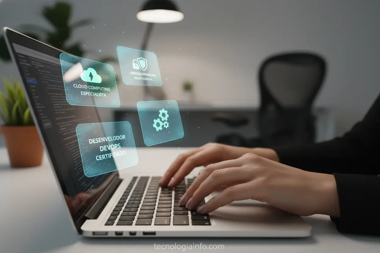 Visão de mãos digitando em laptop com certificações de TI