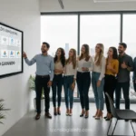 Grupo de jovens profissionais de TI comemorando certificações