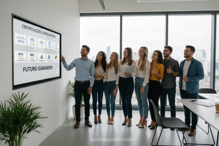 Grupo de jovens profissionais de TI comemorando certificações