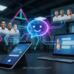 Chatbot amigável interagindo com clientes em telas digitais.