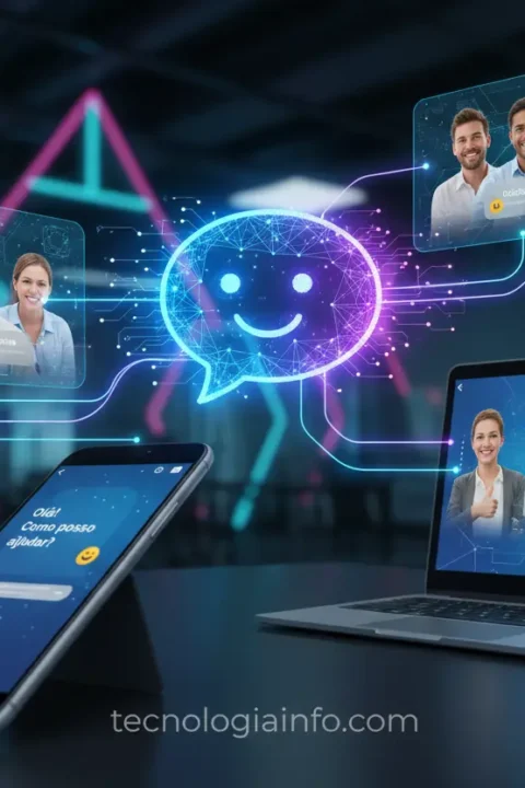 Chatbot amigável interagindo com clientes em telas digitais.