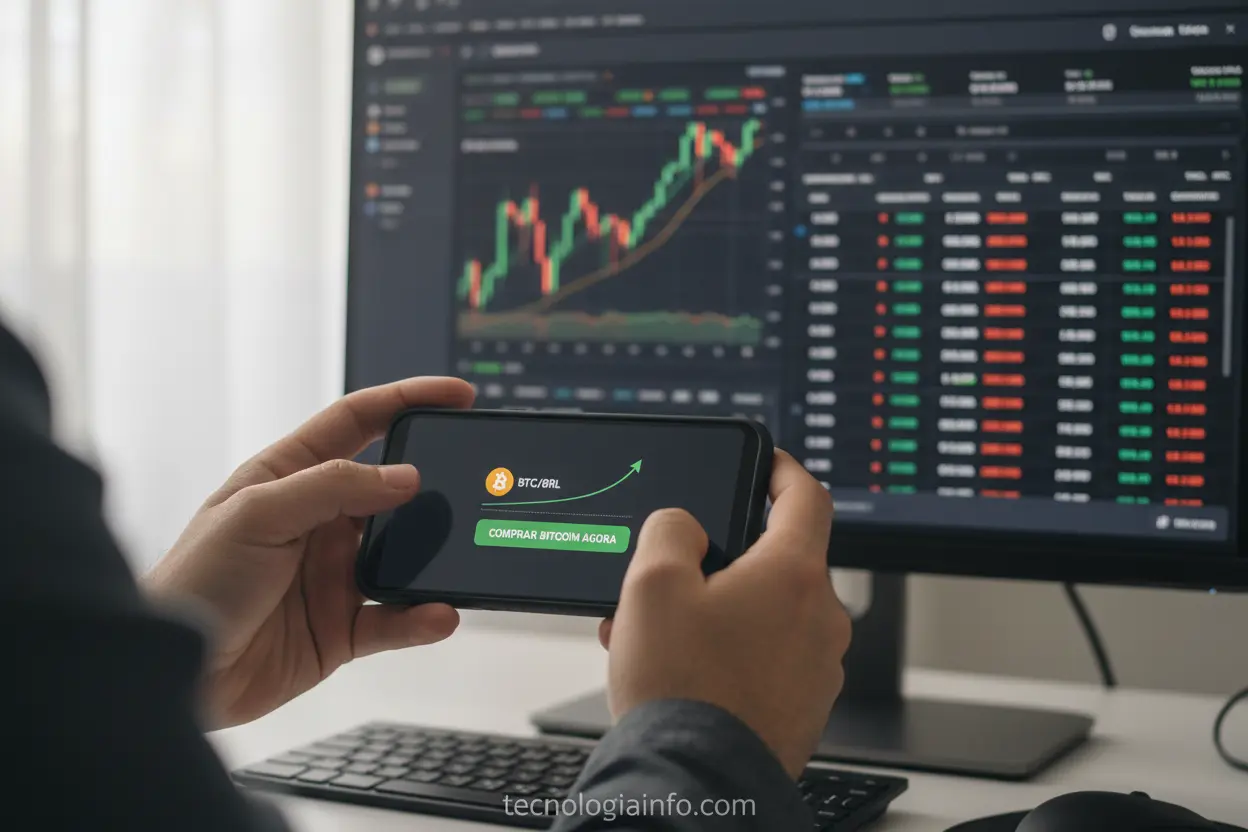 Pessoa comprando Bitcoin em uma corretora de criptomoedas.