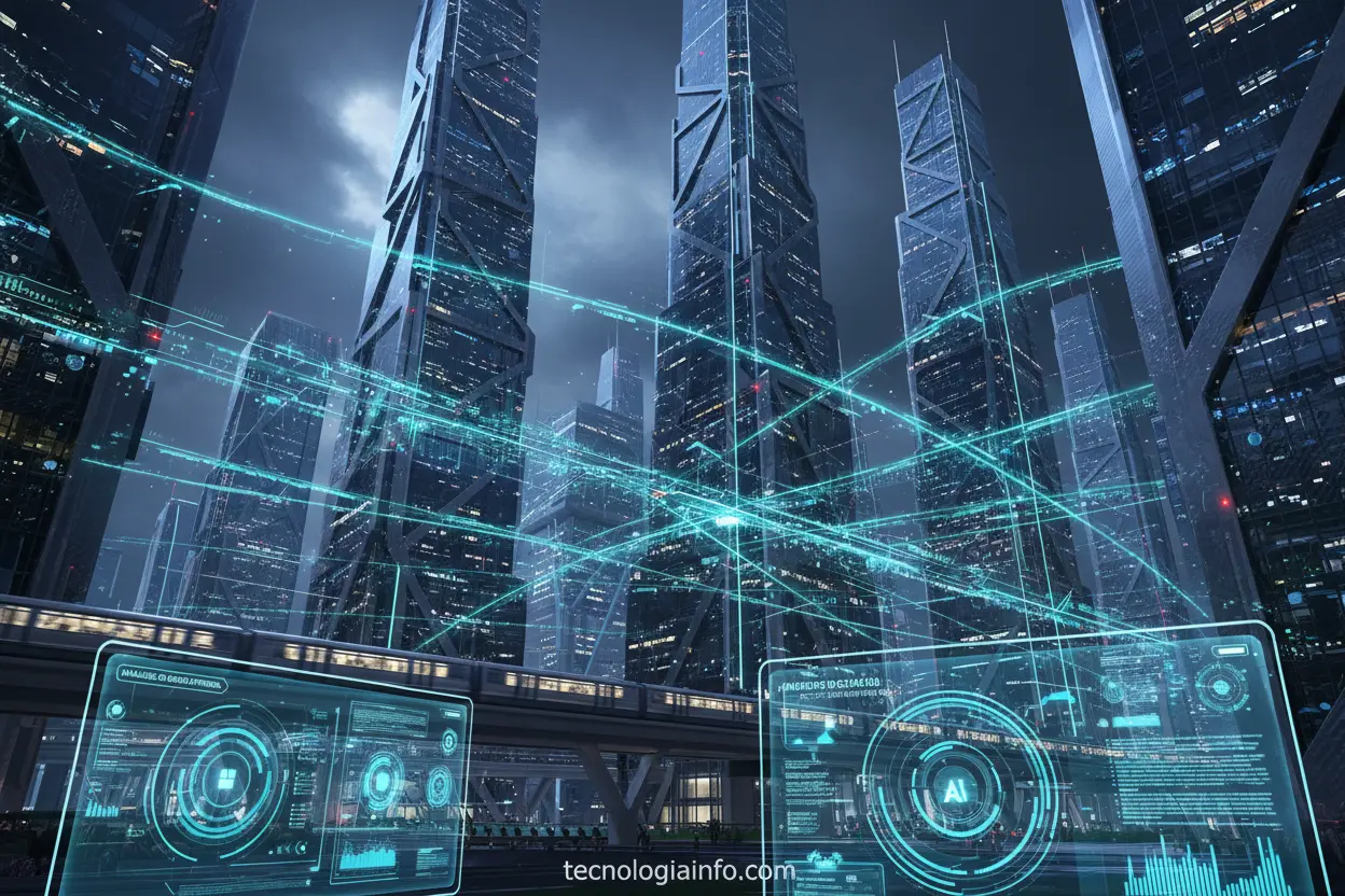 Cenário urbano futurista com conexões digitais, simbolizando a inovação do Telegram vs WhatsApp.