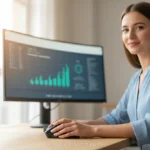 Mulher sorrindo usando mouse ergonômico no escritório