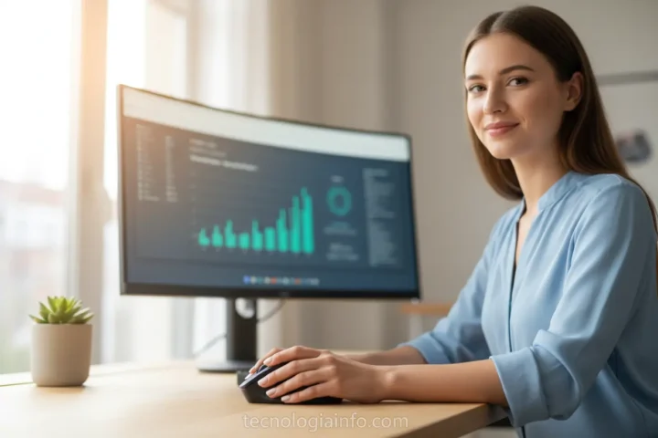 Mulher sorrindo usando mouse ergonômico no escritório