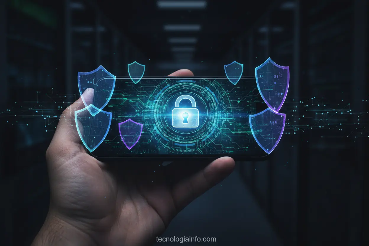 Mão segurando smartphone com cadeado, representando a segurança de dados no Telegram e WhatsApp.