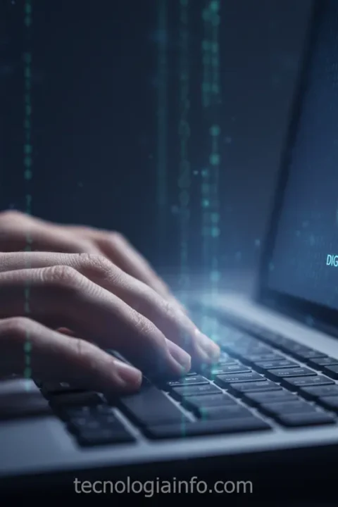 Mão digitando em teclado com cadeado digital na tela, simbolizando senhas fortes.