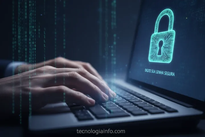 Mão digitando em teclado com cadeado digital na tela, simbolizando senhas fortes.