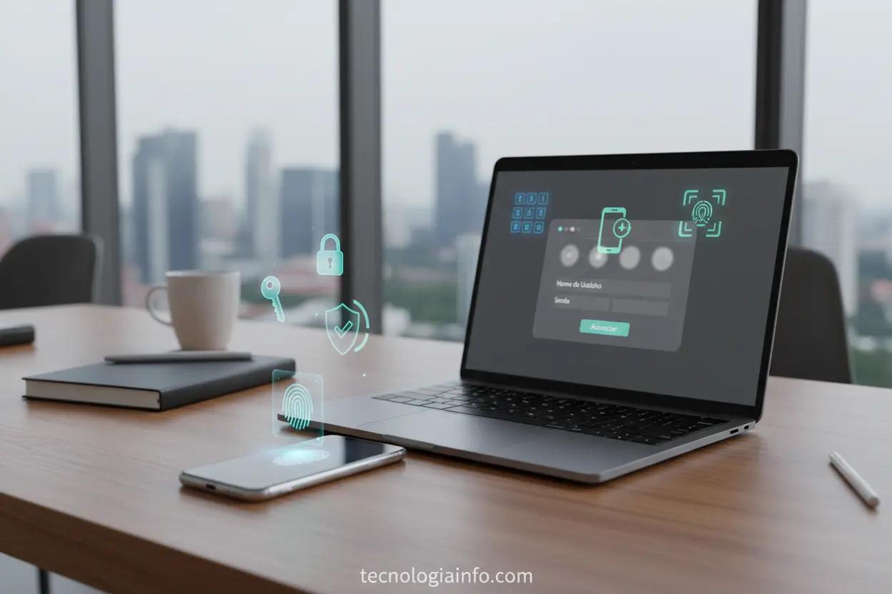 Smartphone e laptop com ícones de gerenciadores de senhas.