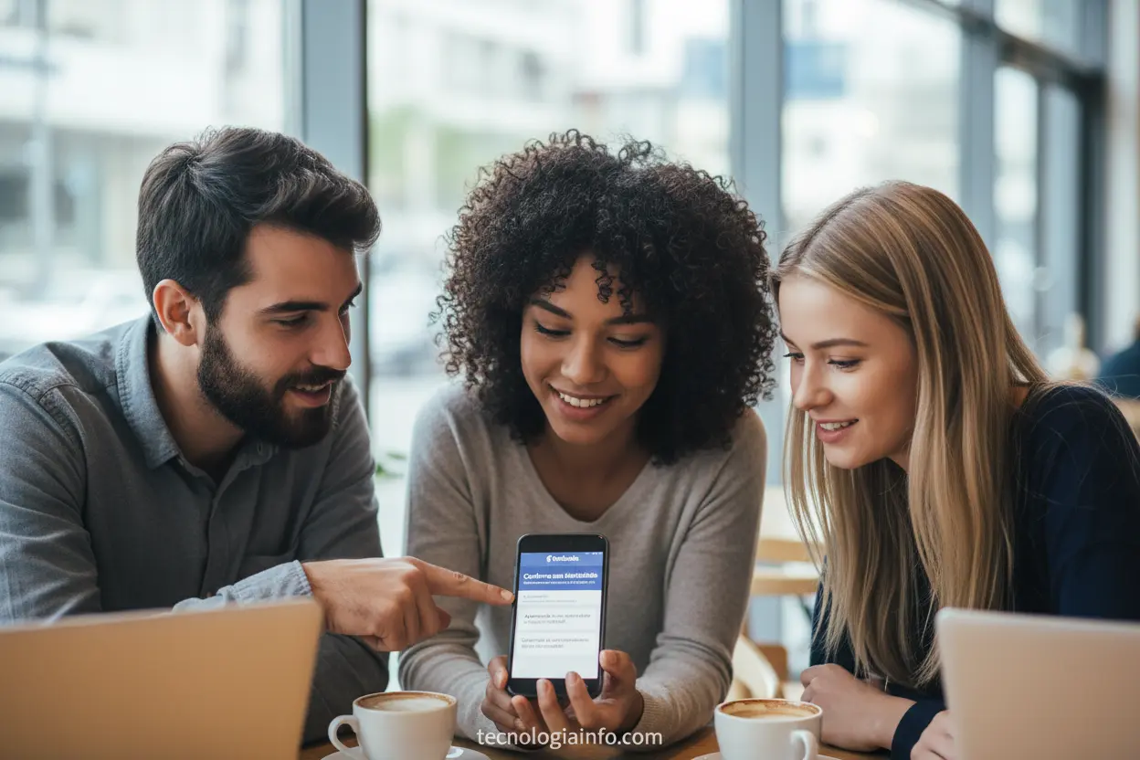 Amigos Ajudando na Recuperação do Facebook Grupo de amigos ajudando a recuperar conta do Facebook.