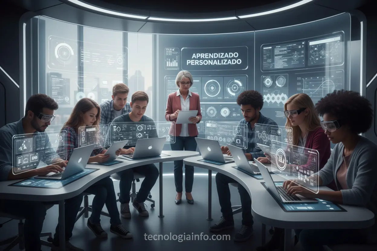 Estudantes em aprendizado personalizado com IA.