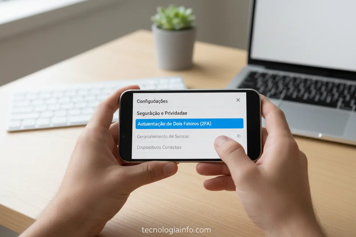 Mãos ativando a autenticação de dois fatores no smartphone.