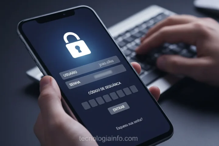 Smartphone com tela de autenticação de dois fatores e ícone de cadeado.
