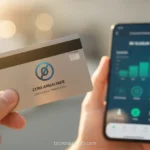 Mão segurando cartão de crédito sem anuidade com smartphone ao fundo.