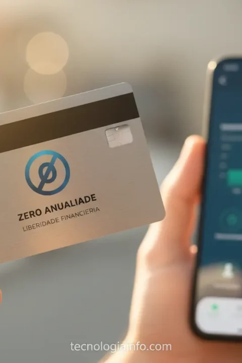 Mão segurando cartão de crédito sem anuidade com smartphone ao fundo.