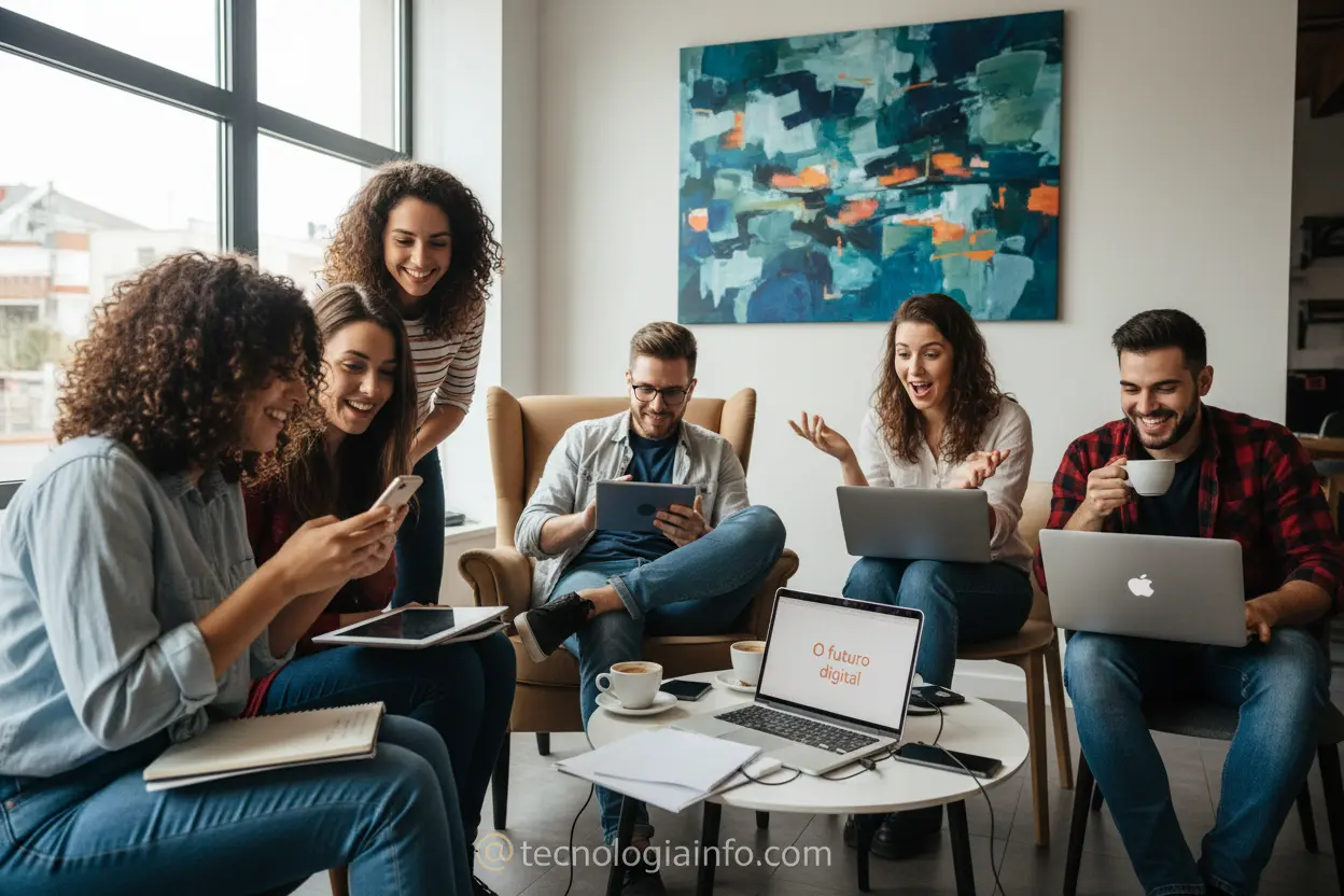 Grupo de jovens assistindo a vídeos em dispositivos móveis, representando o engajação do público com a monetização no YouTube.