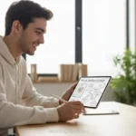 Jovem estudante utilizando um tablet para otimizar seus estudos.