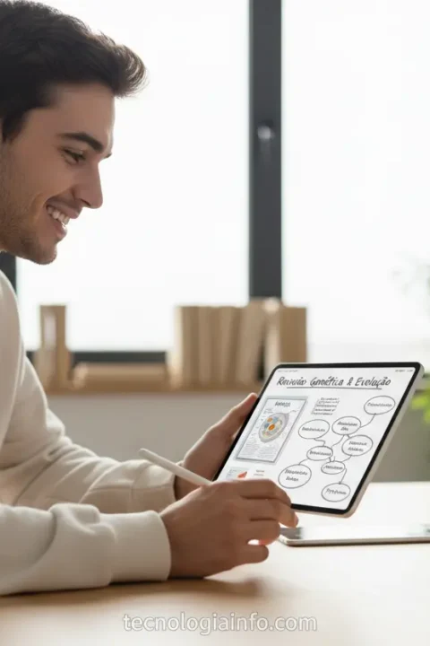 Jovem estudante utilizando um tablet para otimizar seus estudos.