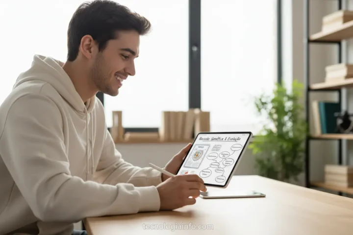 Jovem estudante utilizando um tablet para otimizar seus estudos.