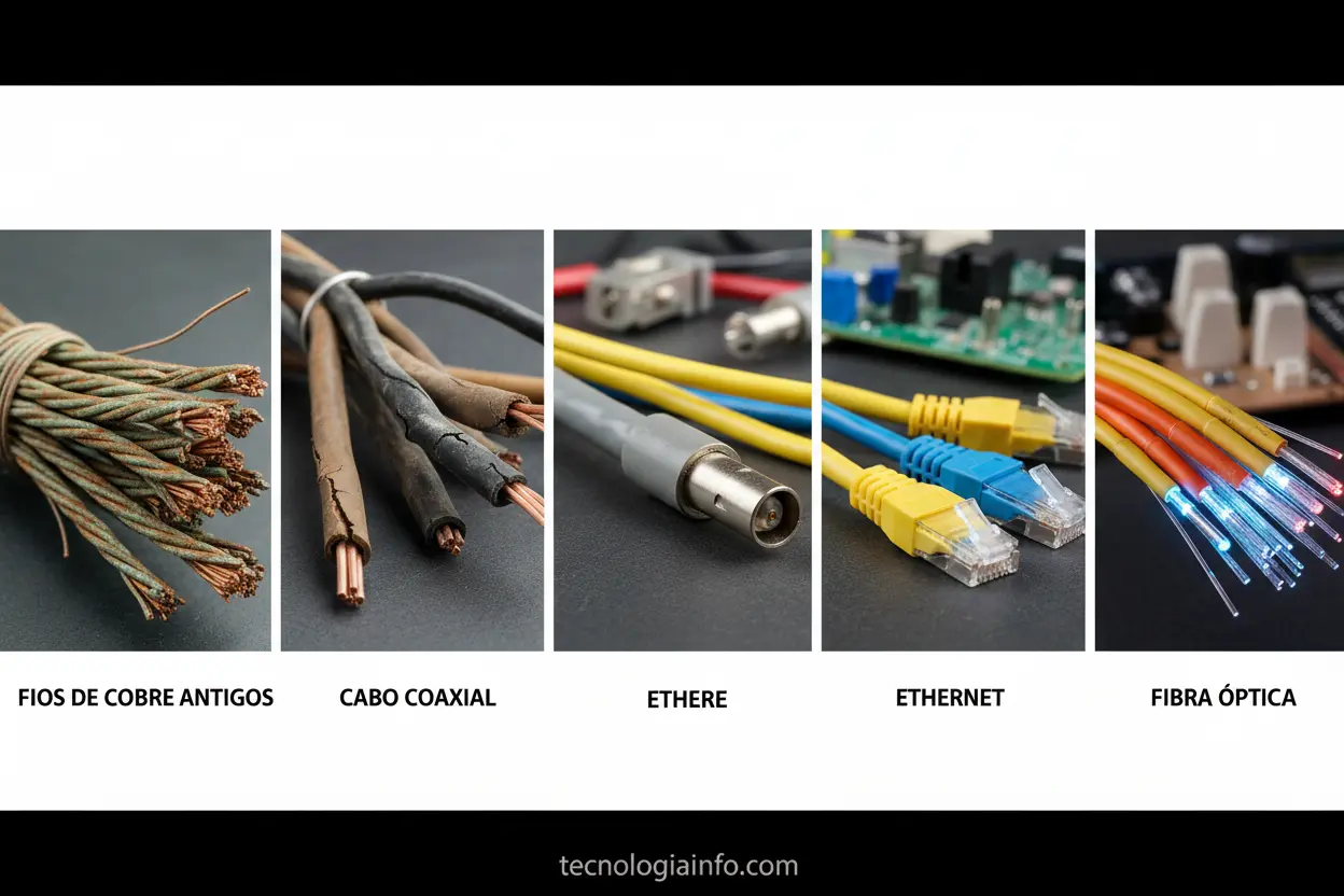 Evolução da tecnologia de comunicação, incluindo fibra óptica.