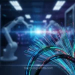 Cabos de fibra óptica em um ambiente tecnológico.