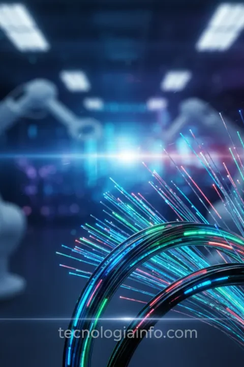Cabos de fibra óptica em um ambiente tecnológico.