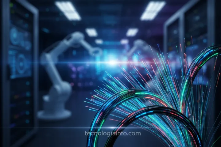 Cabos de fibra óptica em um ambiente tecnológico.