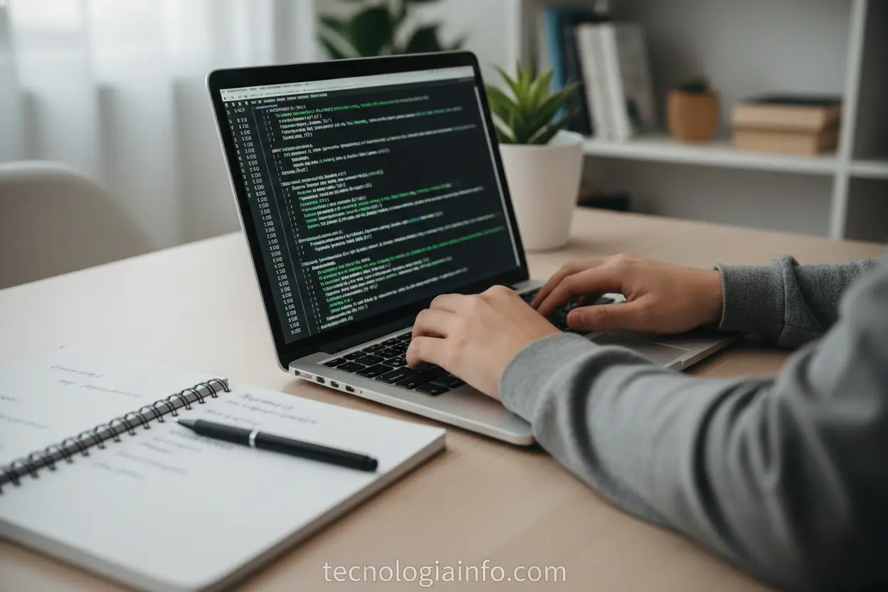 Mãos digitando código para portfólio TI