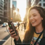 Jovem usando carregador portátil para smartphone