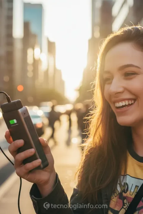 Jovem usando carregador portátil para smartphone