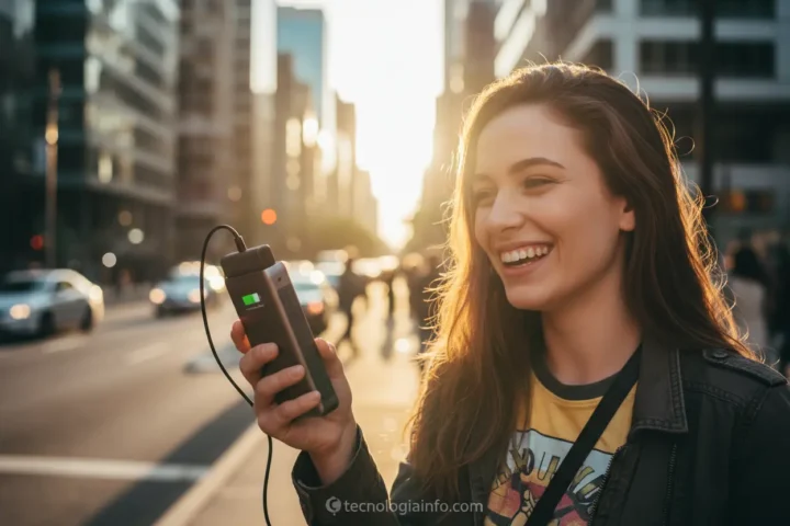 Jovem usando carregador portátil para smartphone