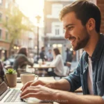 Jovem trabalhando como freelancer de TI em café