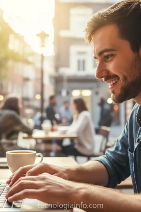 Jovem trabalhando como freelancer de TI em café