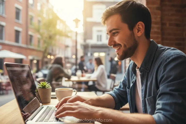 Jovem trabalhando como freelancer de TI em café